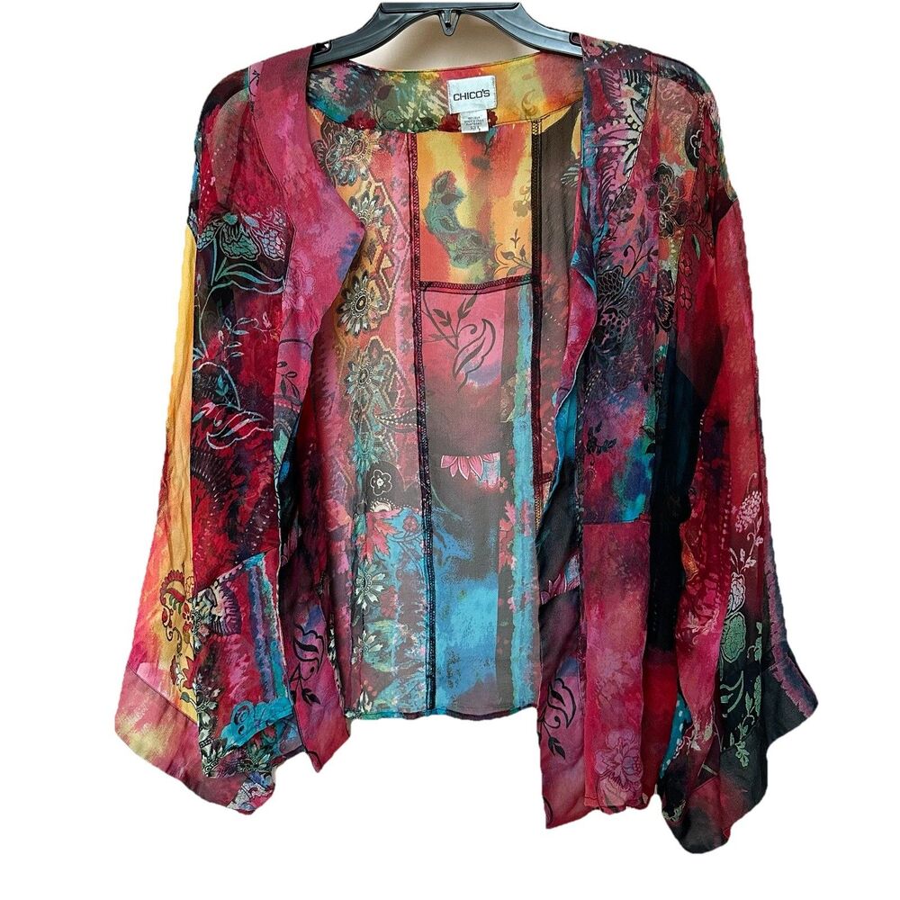 Chicos 100% Silk Sheer Open Front Kimono Wrap Cardigan XL Boho Whimsy Ethereal